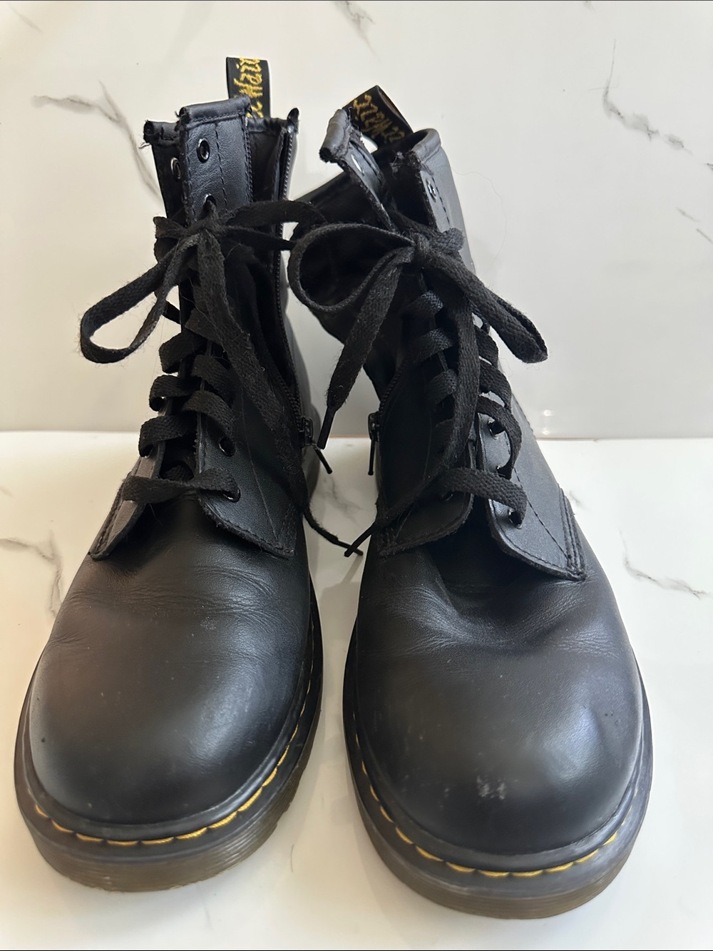 Black Lace-Up Combat Boots with Yellow Stitching - Women's Style: Doc Martins